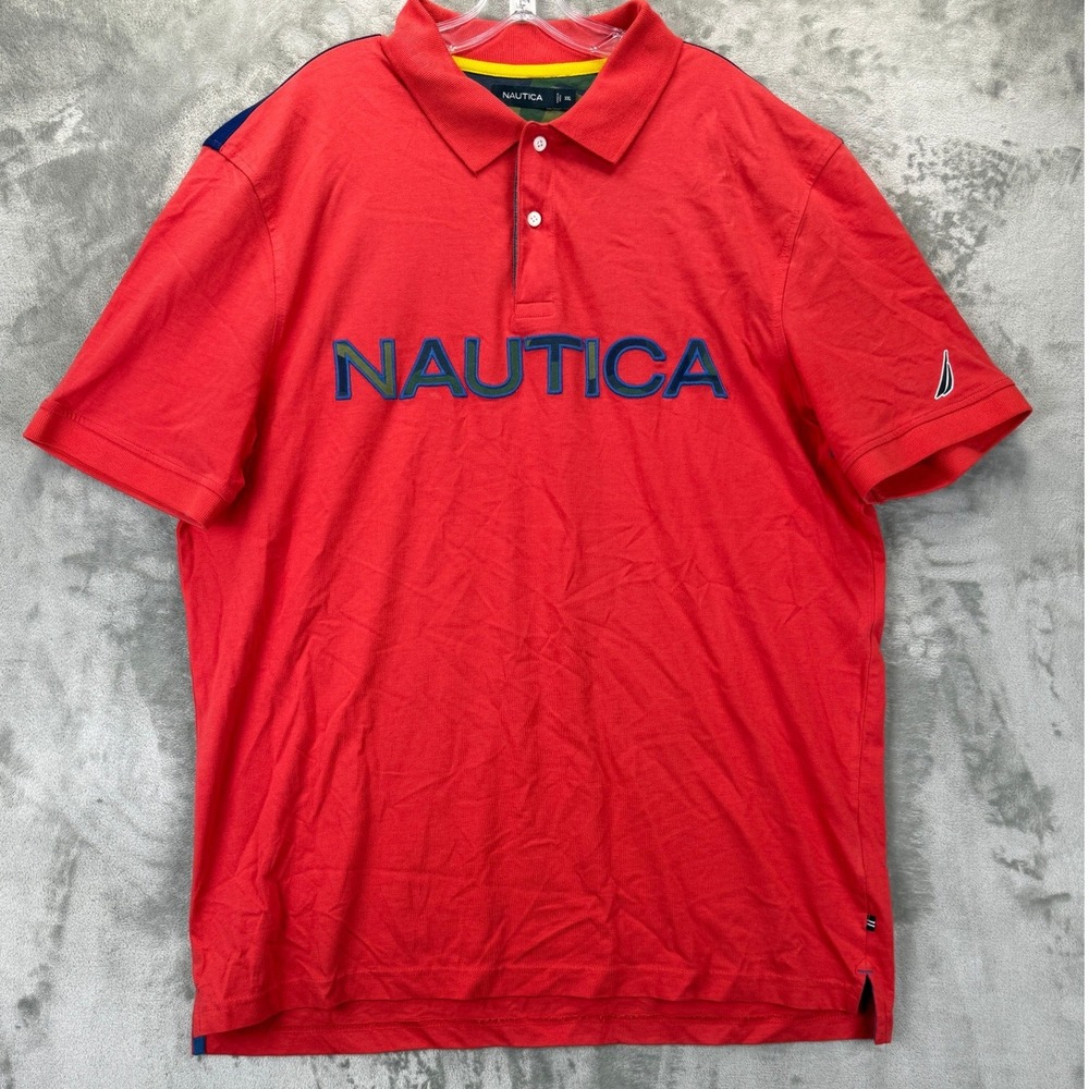 Nautica Mens XXL Red Polo Shirt Camo Logo Colorblock Back Short Sleeve Cotton